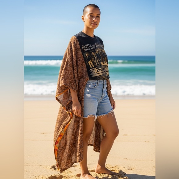 ZZ TOP LYNYRD SKYNYRD BAND T Poncho Kantha Handmade One Of a Kind Upcycled Boho - Picture 2 of 4